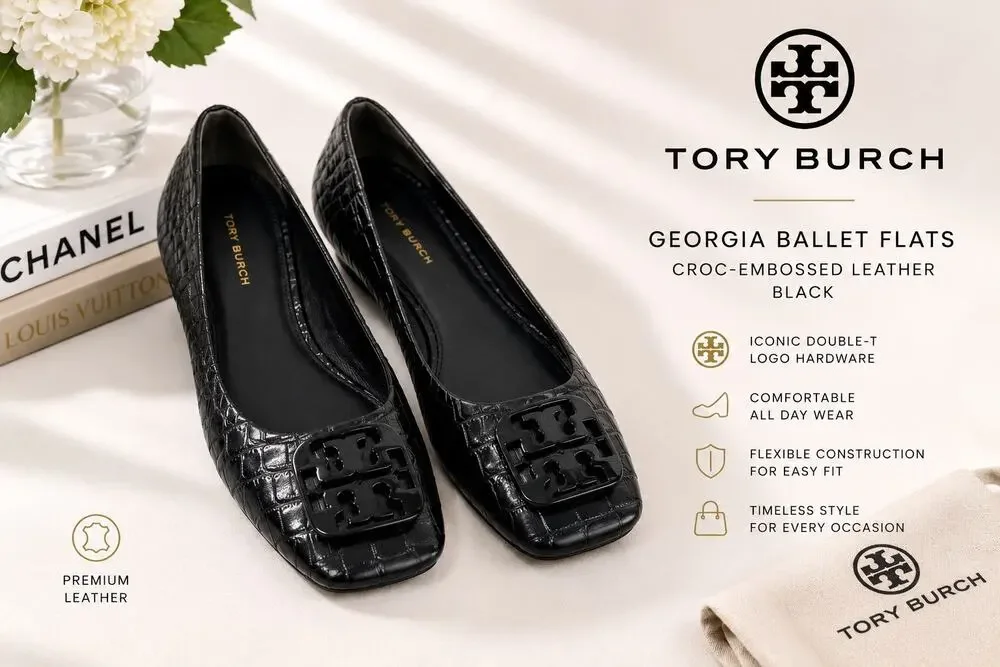 Tory Burch Georgia Ballet Flats 8M Black Croc Embossed Leather Logo Square Toe